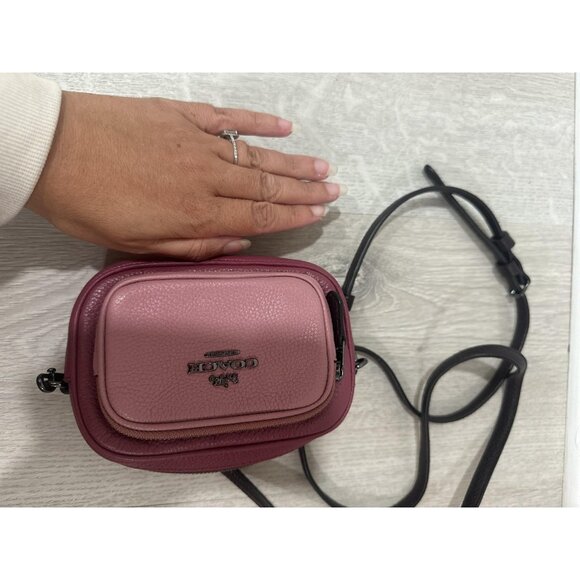 Coach Crossbody Bag Womens Pink Double Zip Camera Pebbled Leather Two Tone Mini - Picture 10 of 10